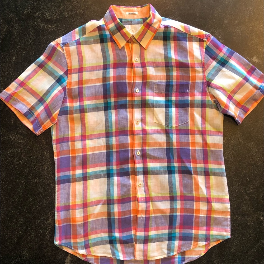 Bugatchi. Short-sleeved shirt in multi color plaid check, size Medium.